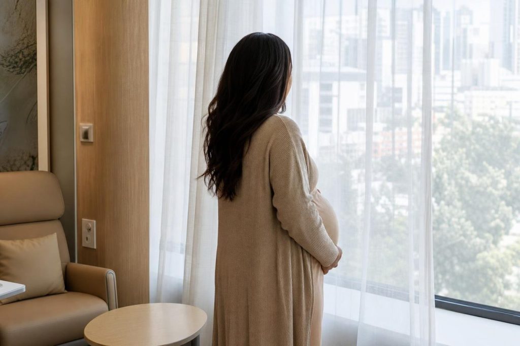 אישה בהריון מביטה מהחלון לפני בדיקת אולטרסאונד תלת מימד