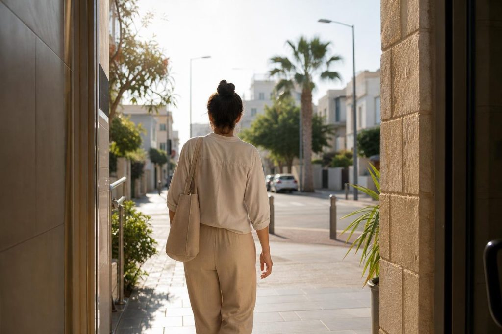אישה יוצאת בבוקר לבדיקת מעקב זקיקים פרטי